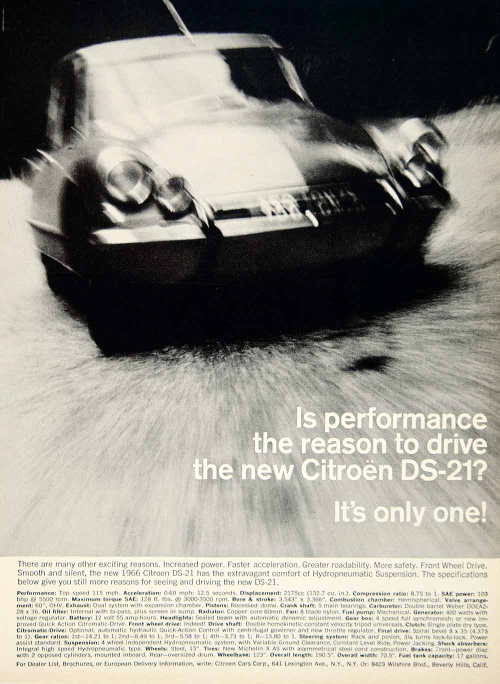 1965 Ad 1966 Citroen DS-21 4Door Sedan Mid Size Luxury Car 2.1L I4 Engine YCD3