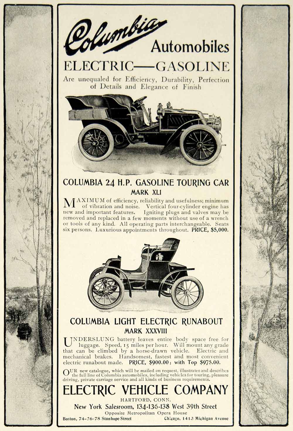 1903 Ad Columbia Electric Vehicle Mark XLI Touring Car XXXVIII Runabou