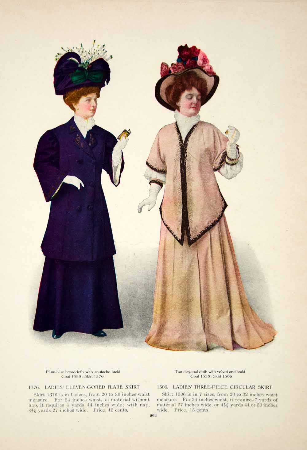 1907 Color Print Edwardian Women Hat Pink Park Costume Fashion