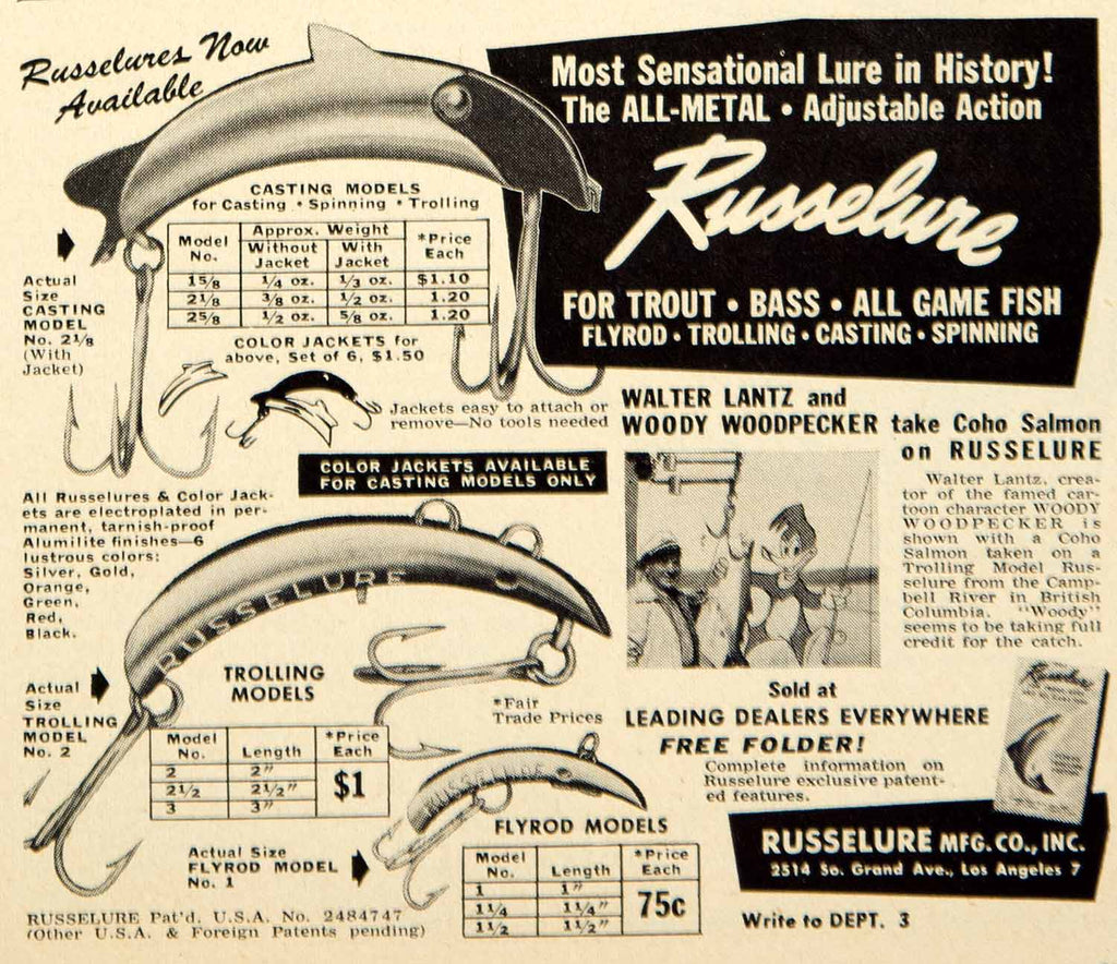 1950'S DIPSY DOODLE Fishing Lure Print Ad Color Chart On Wood Fishing Lures  $26.99 - PicClick