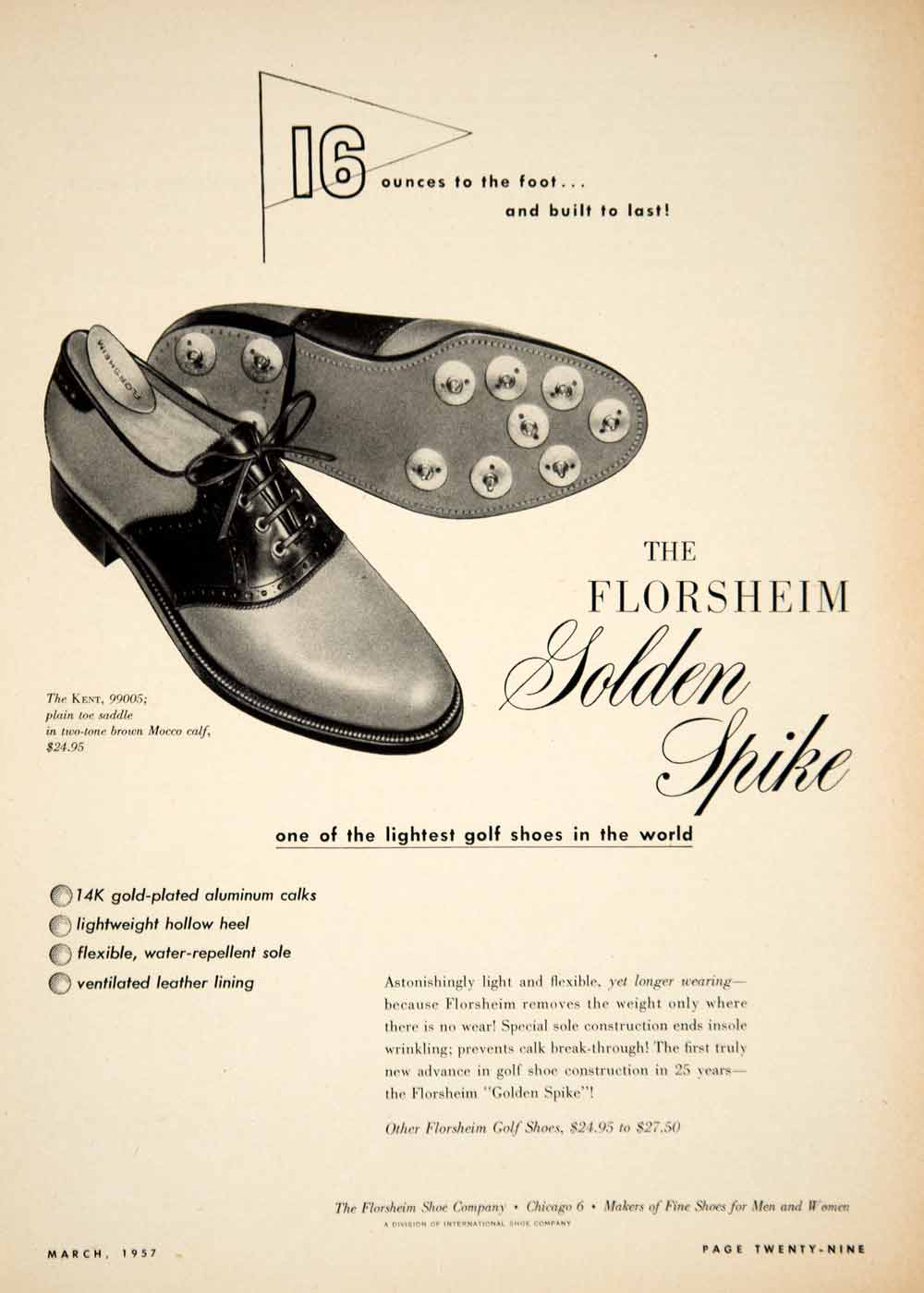 1957 Ad Florsheim Shoes Spike Golf Kent Saddle Sporting Y Period Paper Historic Art LLC