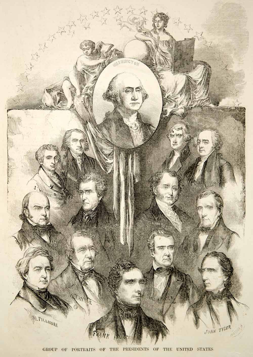 1853 Wood Engraving Presidents United States George Washington Franklin Pierce
