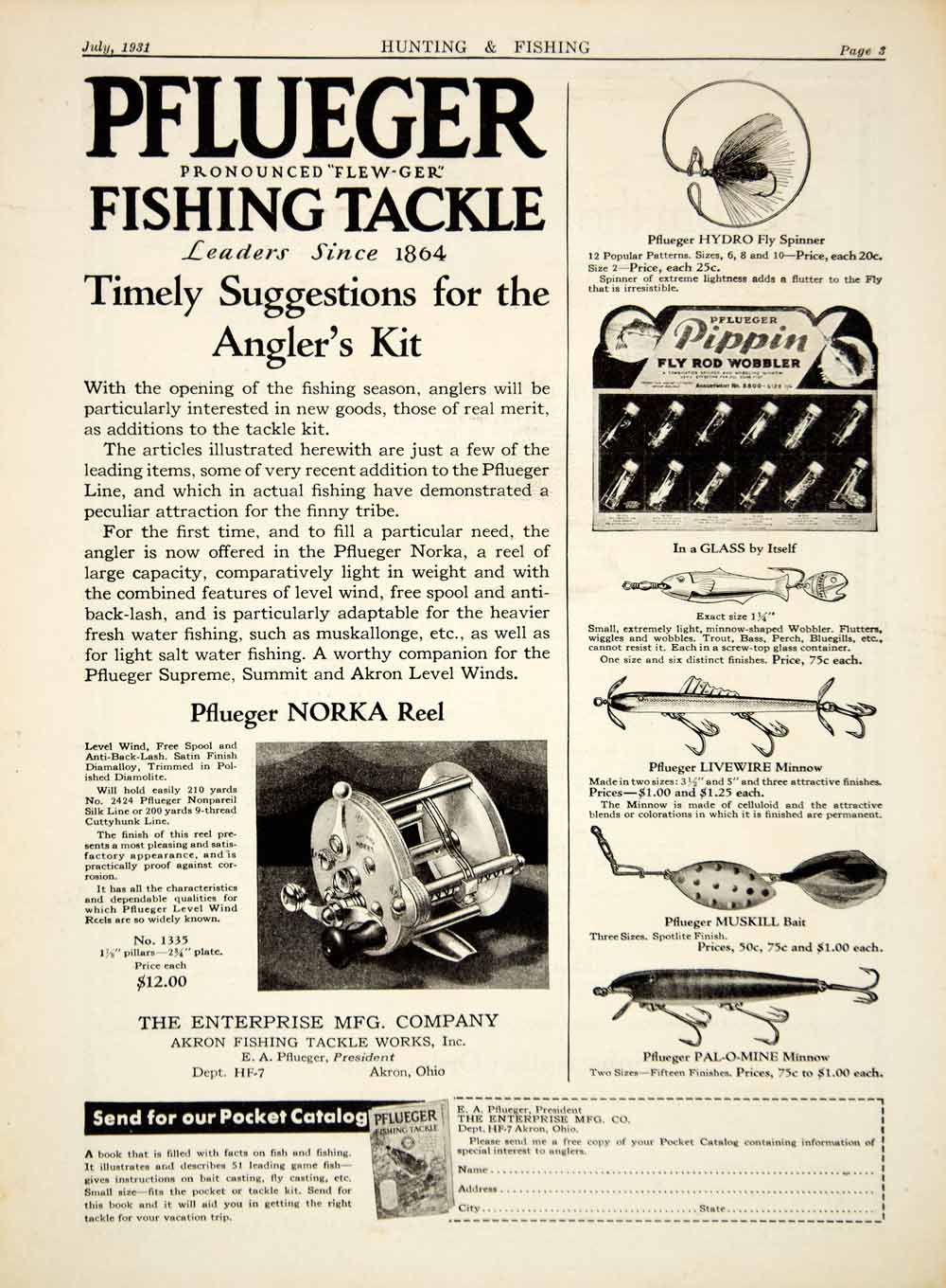 1931 Ad Bait Casting Tin Liz Minnow Fishing Lure Fred Arbogast