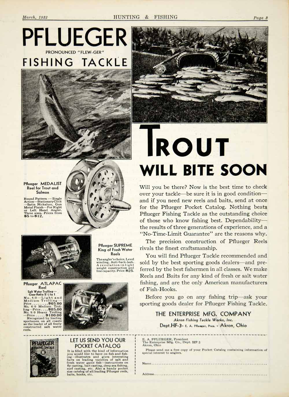 1931 Ad Pflueger Fishing Tackle Supreme Reel Tandem Spinner Lure