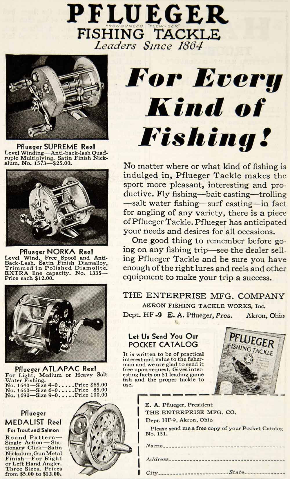 1931 Ad Pflueger Fishing Tackle Norka Reel Minnow Lure Bait Tackle