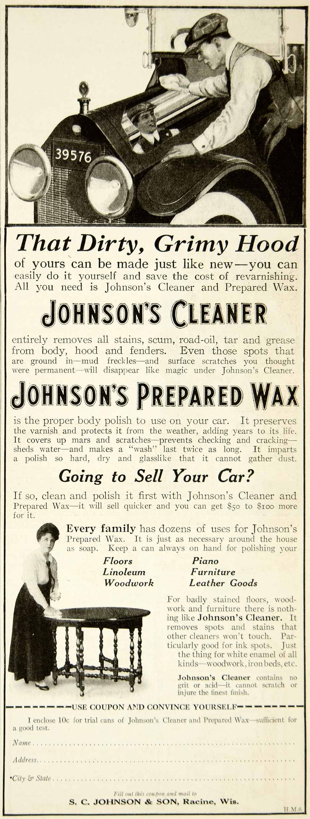 Johnson's Car Plate Vintage 1950's Auto Wax 10 oz. Tin Racine Wisc. CANCO