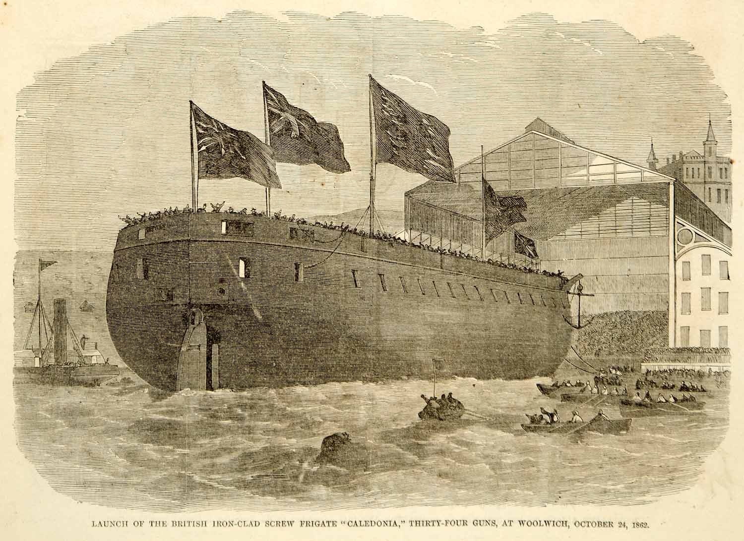 1862 Wood Engraving HMS Caledonia Ironclad Frigate Woolwich Dockyard YHW2