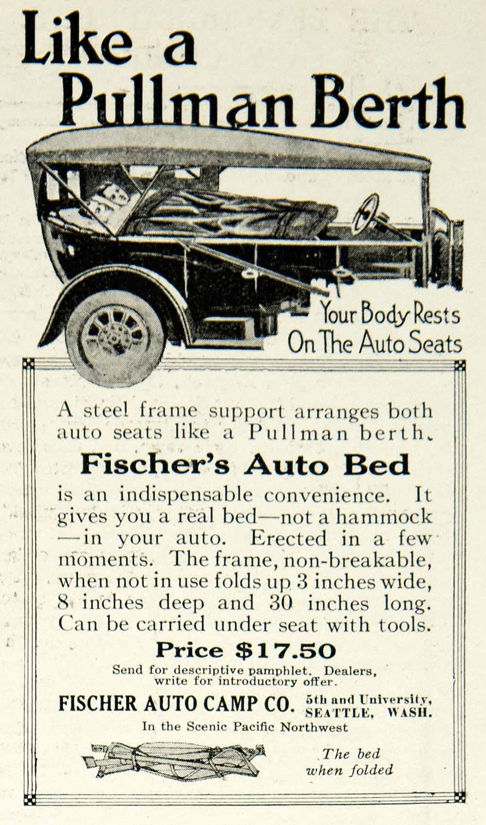 De Alpen Pamflet Referendum 1918 Ad Fischer's Auto Bed Camp Company Car Camping Seattle Washington –  Period Paper Historic Art LLC