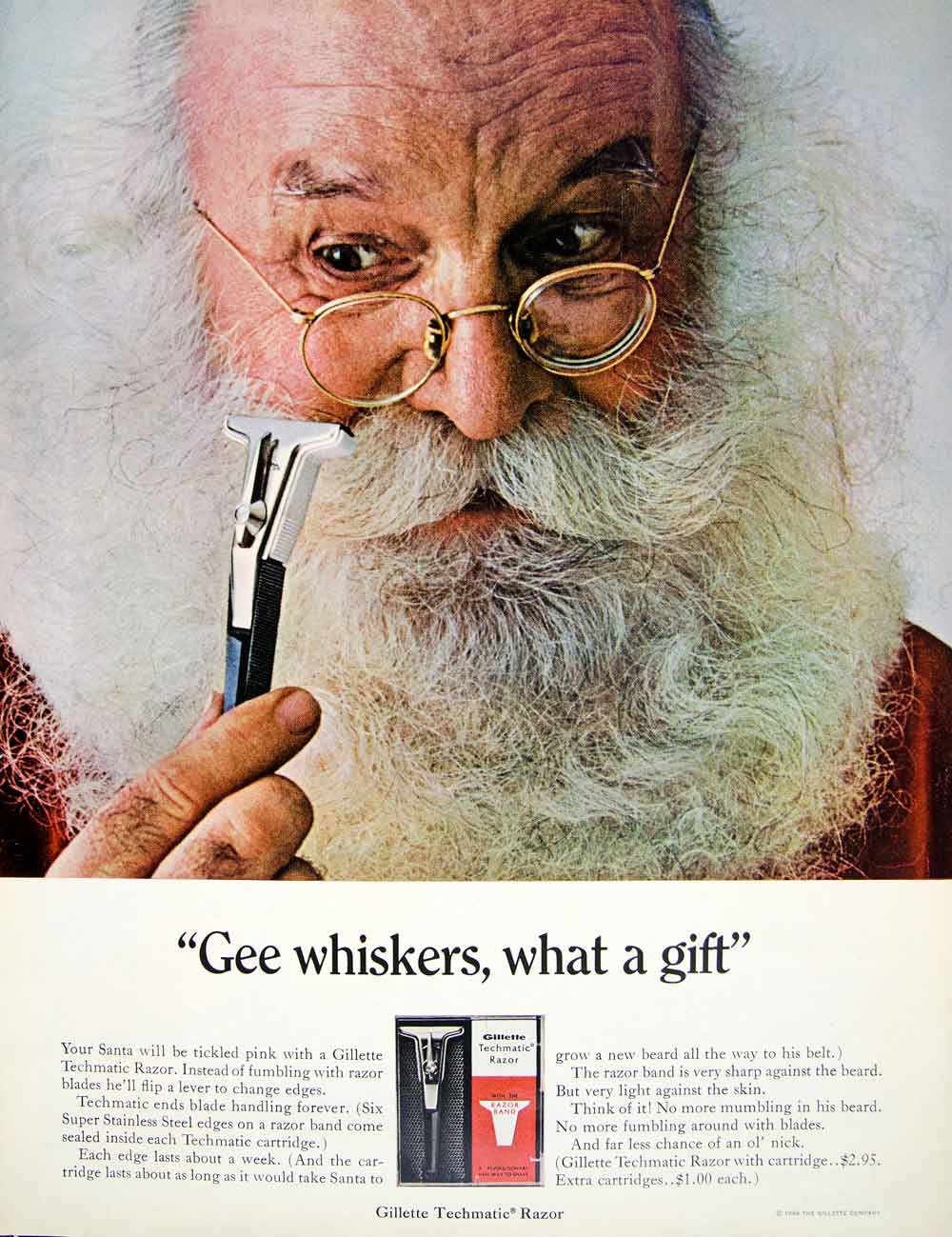 1966 Ad Vintage Gillette Techmatic Razor Shaving Santa Claus Whiskers Period Paper