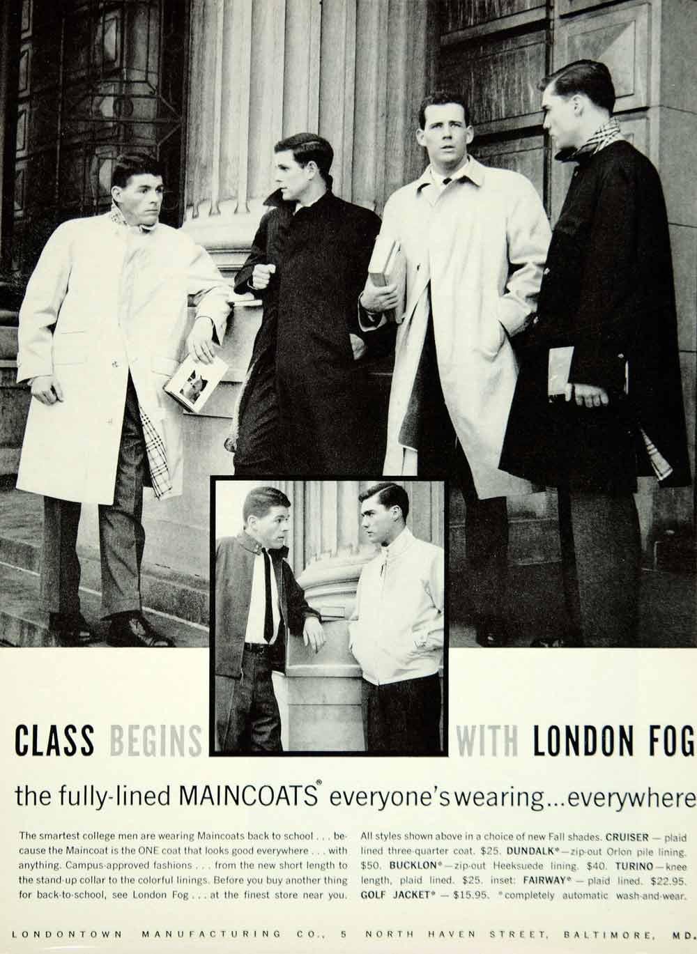 1959 Ad London Fog Maincoat Raincoat College Men Fashion 60s Style Coa Period Paper