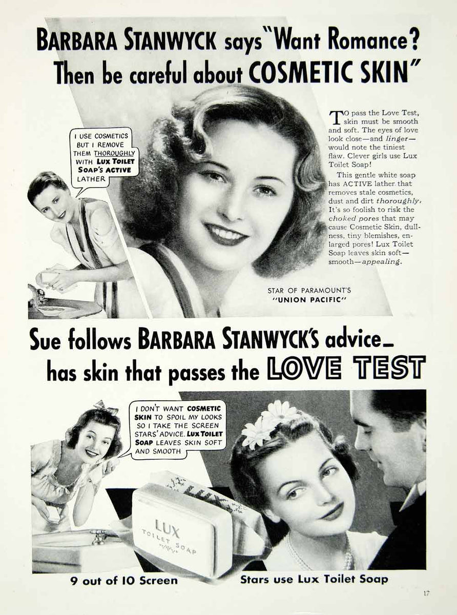 1939 Ad Barbara Stanwyck Cosmetic Skin Lux Toilet Soap Union Pacific Y ...