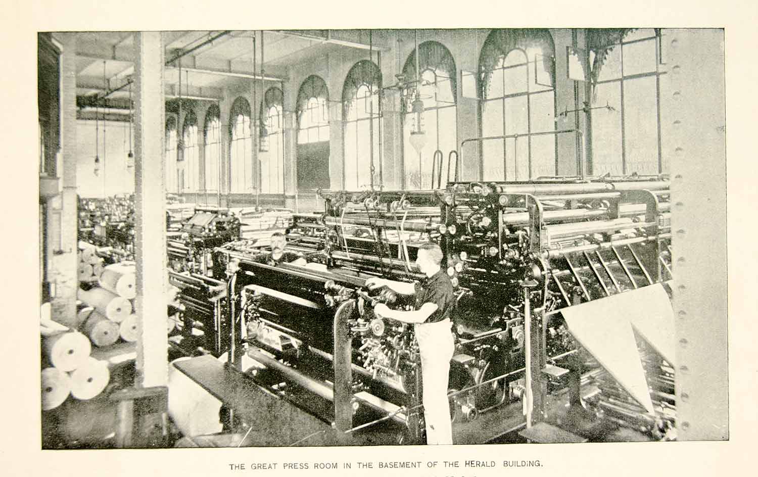 1895 Print New York Herald Newspaper Press Room Workers Printing Presses Ymt3