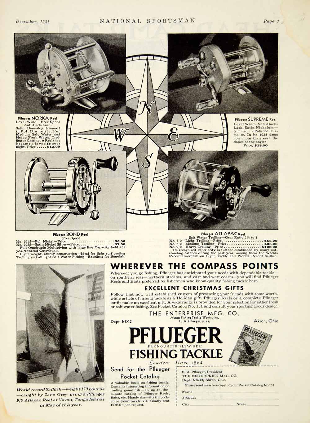 1931 Ad Pflueger Fishing Tackle Supreme Reel Tandem Spinner Lure Fly R