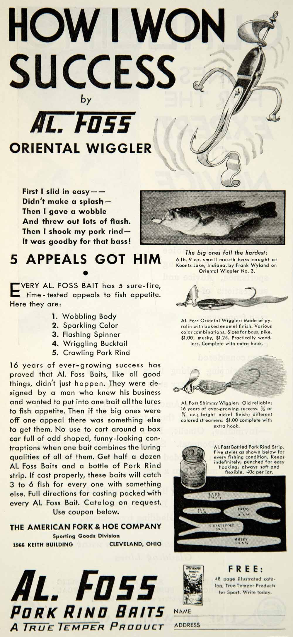 1931 Ad Five Appeal Bait Al Foss Pork Rind Fishing 1966 Keith Bldg YNS –  Period Paper Historic Art LLC