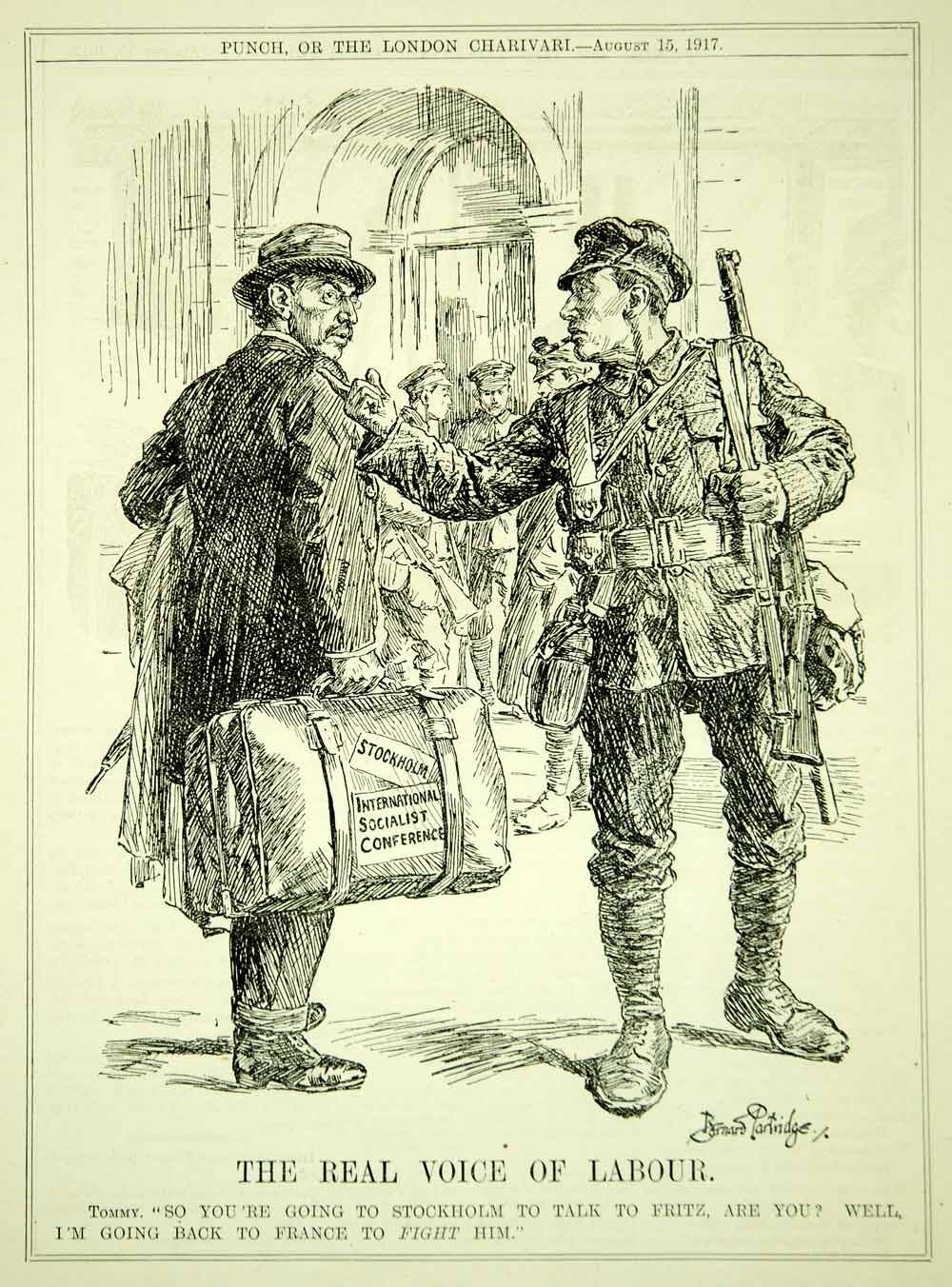 1917 Engraving WWI Political Cartoon British Soldier Labour Party B. P ...