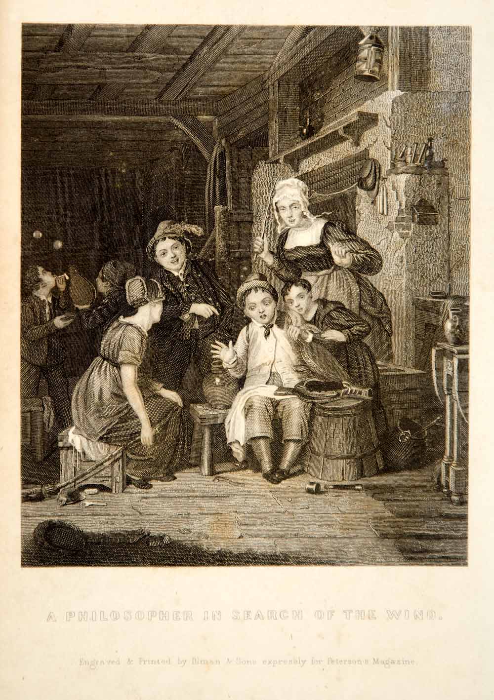 1856 Steel Engraving Victorian Children Boys Girls Playing Cottage Hearth YPM2