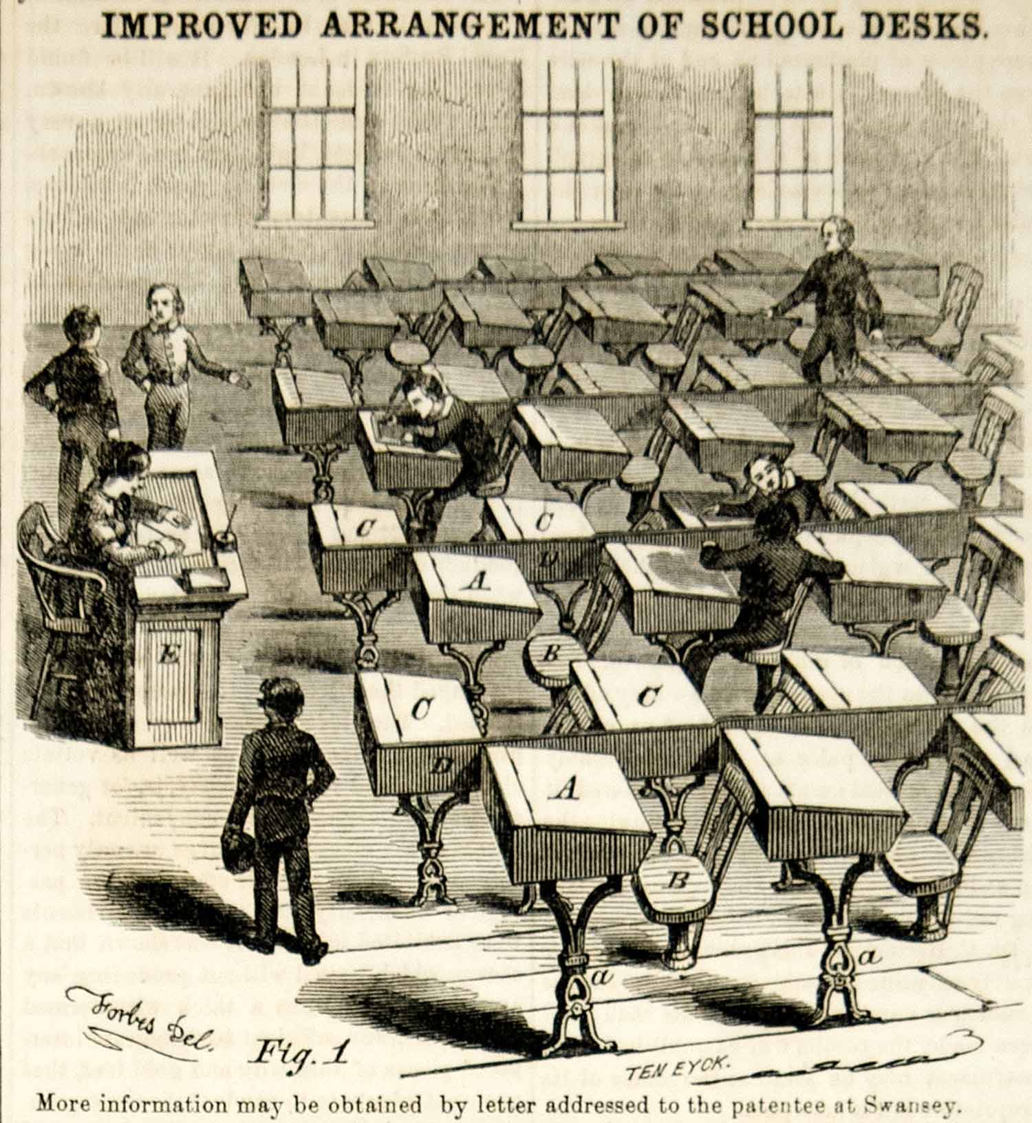 1855 Wood Engraving Victorian Schoolroom Classroom School Desks