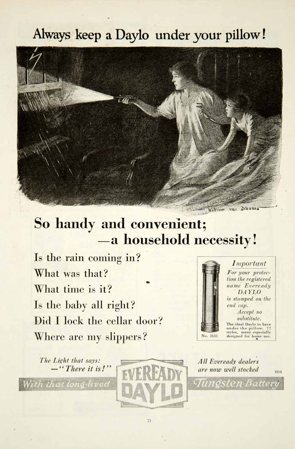 1919 Ad William Van Dresser Art Eveready Daylo Flashlight Battery