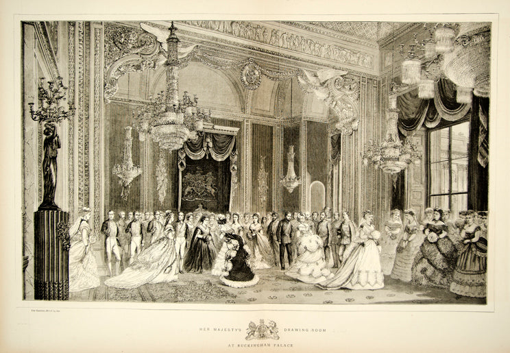 1870 Wood Engraving Art Queen Victoria Drawing Room Buckingham Palace Ytg1