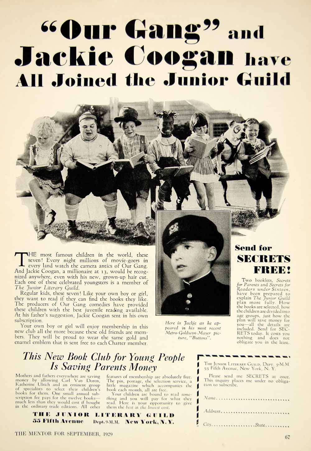 1929 Ad Our Gang Jackie Coogan Child Actor Junior Literary Guild Book ...