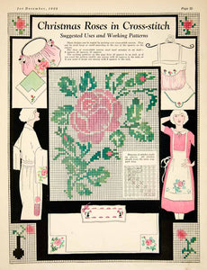 1922 Color Print Art Christmas Rose Flower Cross Stitch Pattern Womens Period Paper