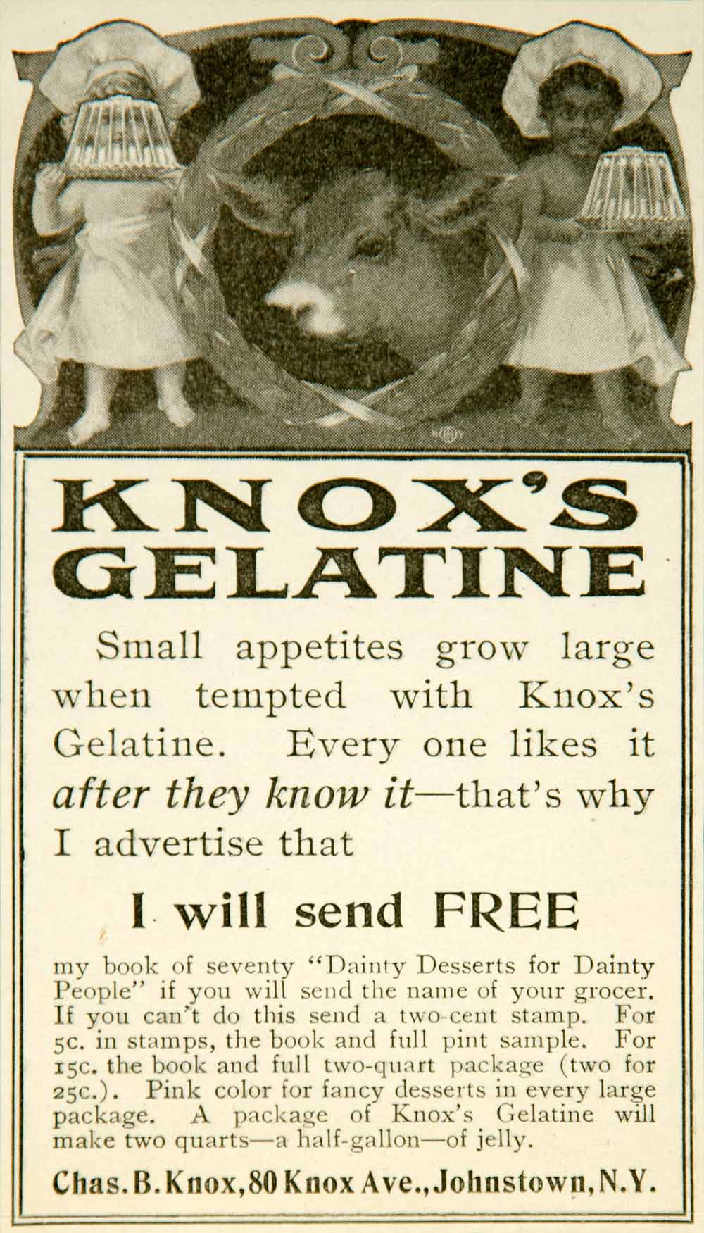 1900 Ad C. B. Knox Gelatine Desserts Cake Mold Boy Chef Medals New Yor –  Period Paper Historic Art LLC