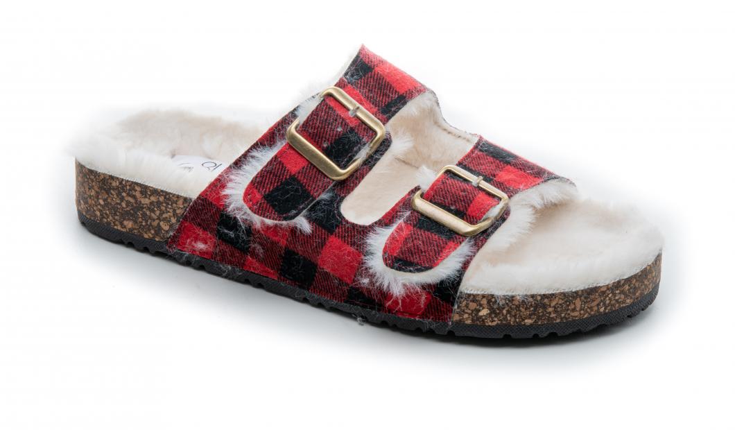 Laid Back Faux Fur - Red Plaid Sandal - Boutique by Corkys