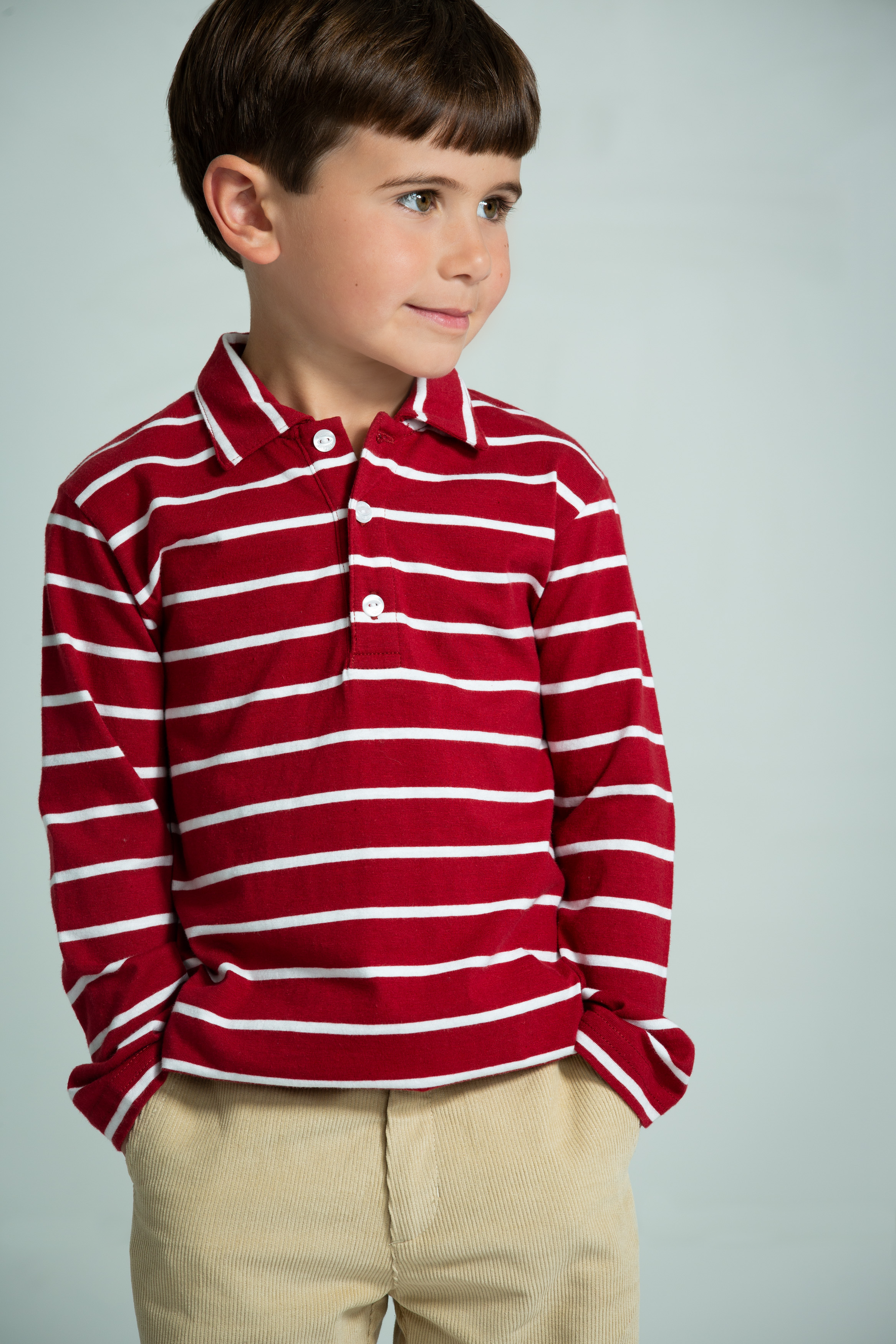 Long Sleeve Stripe Polo - Crimson