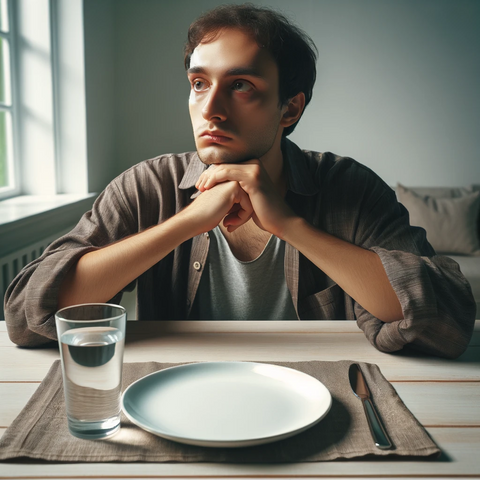 Bill eating his fasting dinner ... a glas of water