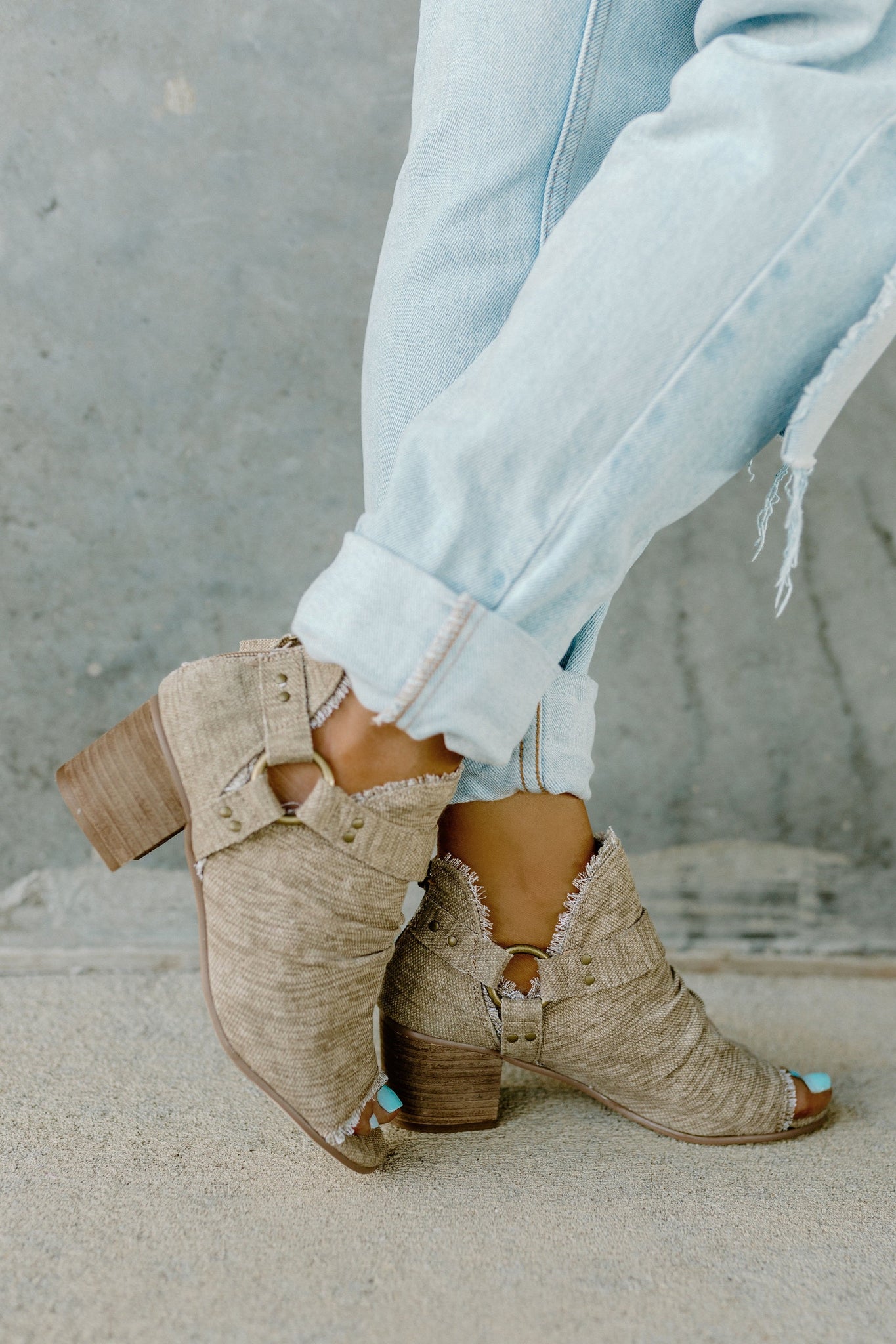 taupe open toe booties