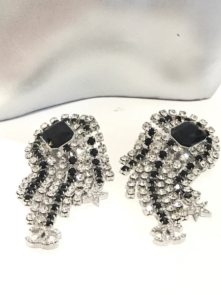 CHANEL CRYSTAL Clip on STRASS BLACK STONE EARRINGS