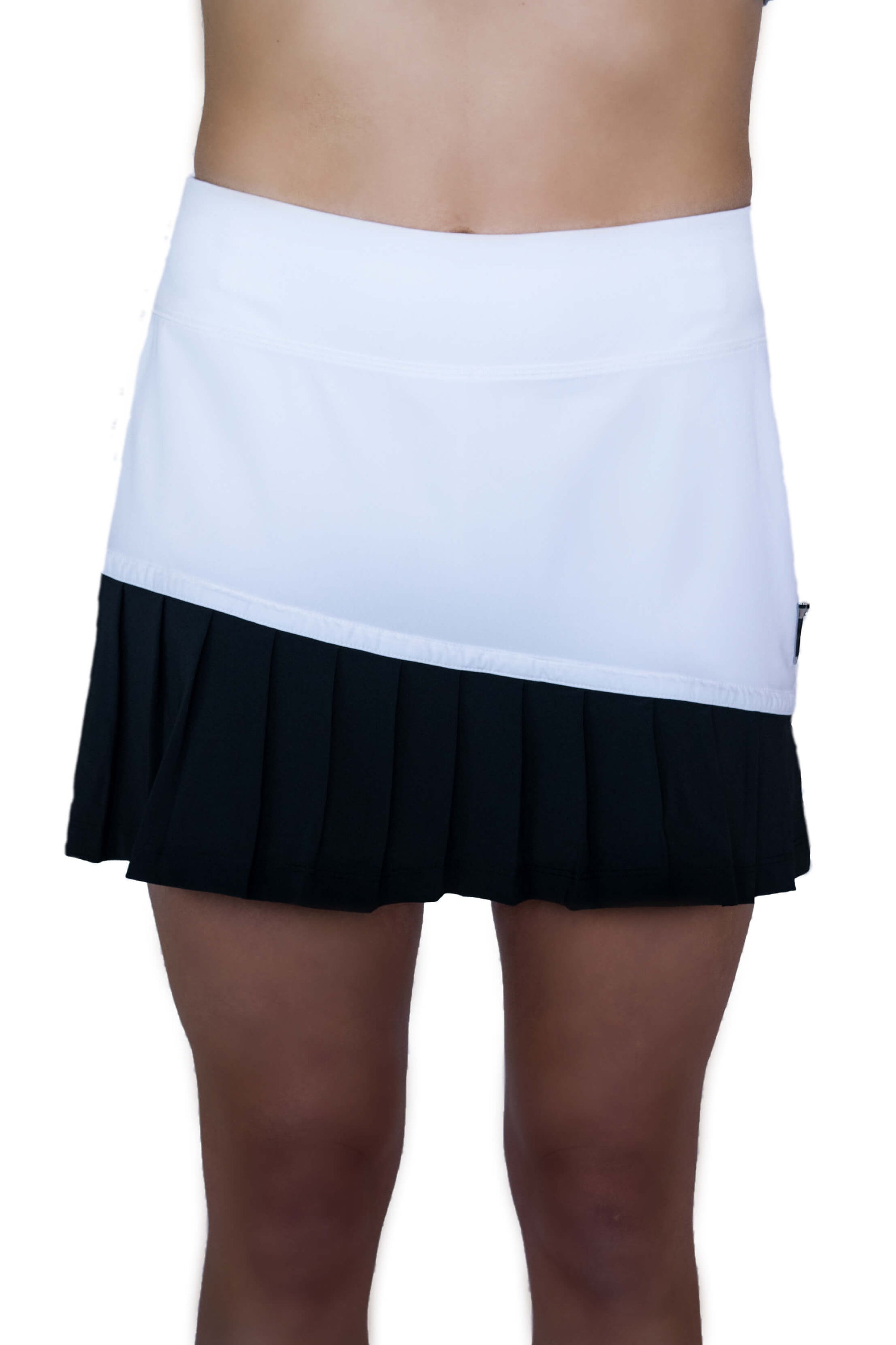 New Asymmetrical Pleated Skirt White With Black Pleats — Flirtee Golf