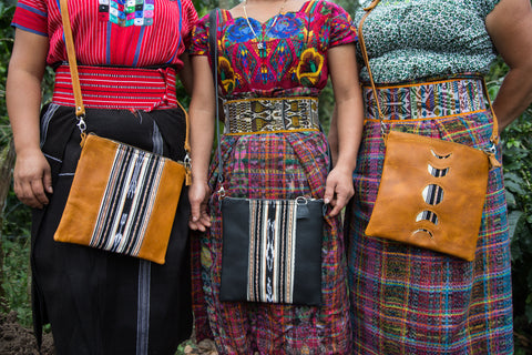 brightly colored huipil with ixchel triangle medicine leather bag