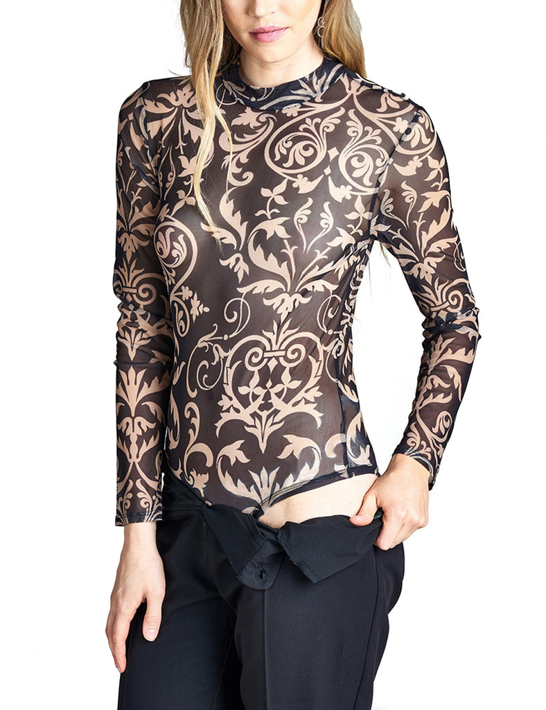 Download Womens Long Sleeve Mock Neck Printed Sheer Mesh Bodysuit ...