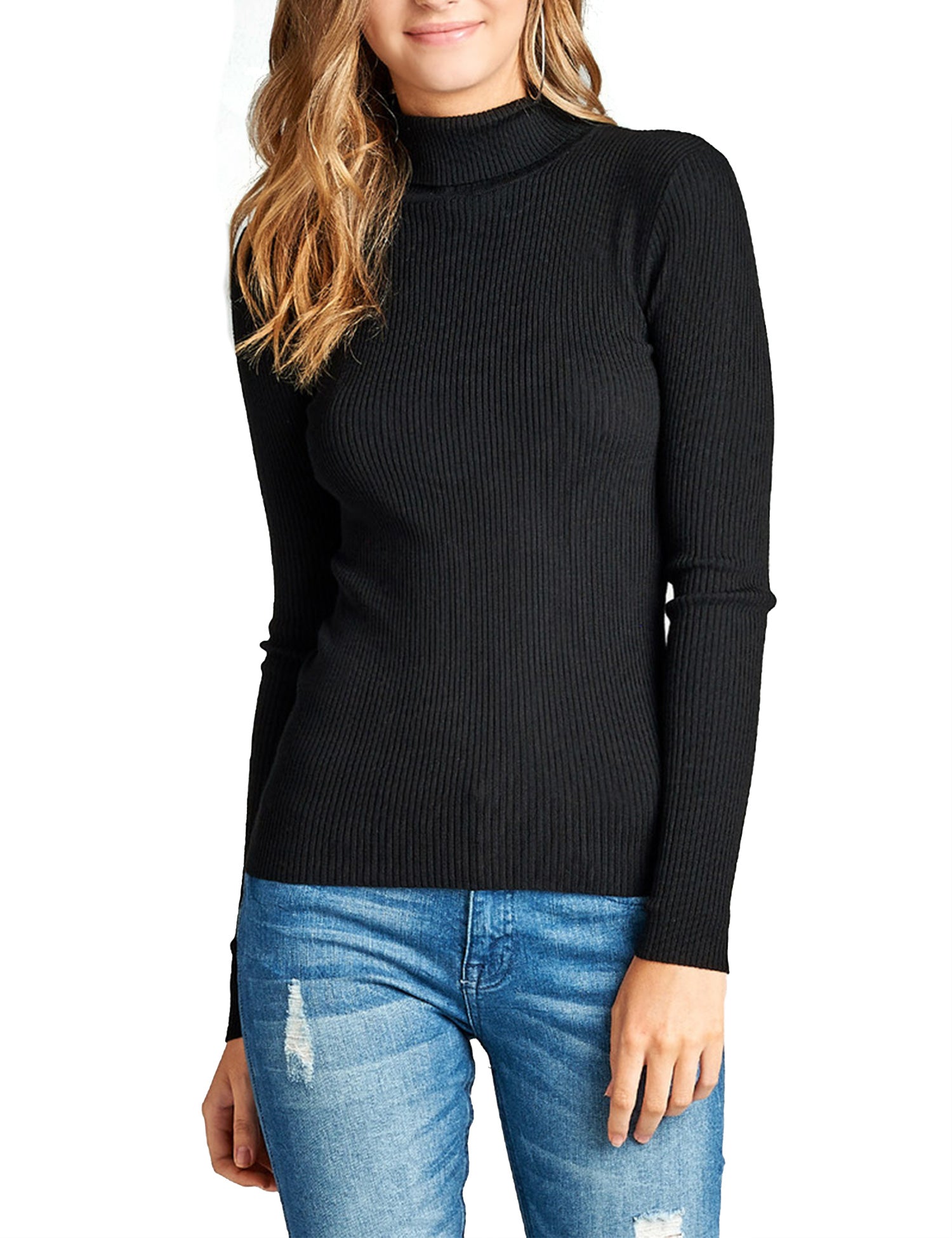 Womens Long Sleeve Fitted Turtle Neck Ribbed Sweater Top - KOGMO