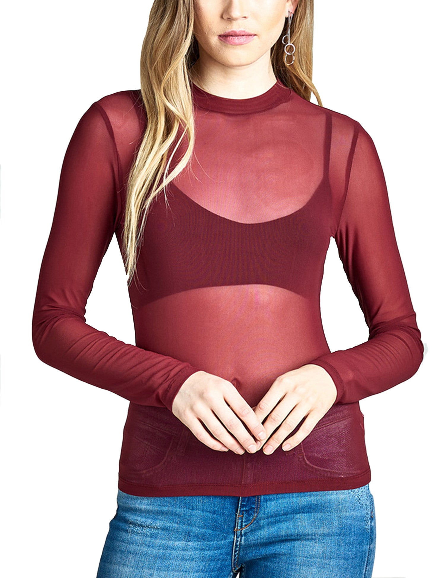 Download Womens Long Sleeve Mock Neck Sheer Mesh Top - KOGMO