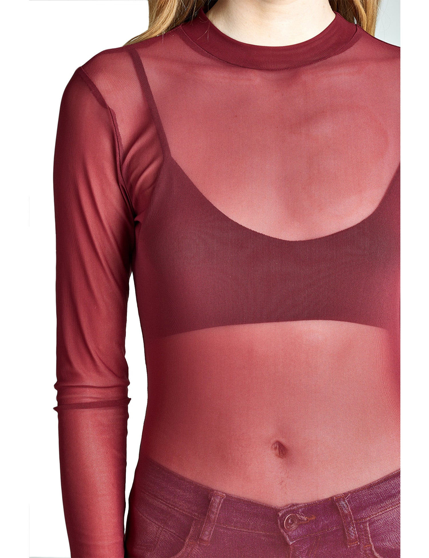 Womens Long Sleeve Mock Neck Sheer Mesh 