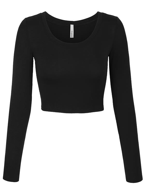 Long Sleeve Basic Crop Top Round Neck With Stretch - KOGMO