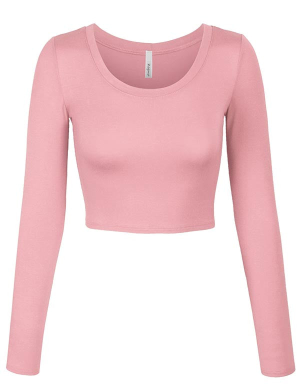 Long Sleeve Basic Crop Top Round Neck With Stretch - KOGMO