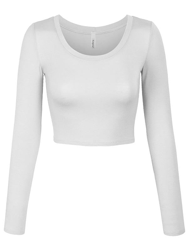 Long Sleeve Basic Crop Top Round Neck With Stretch - KOGMO