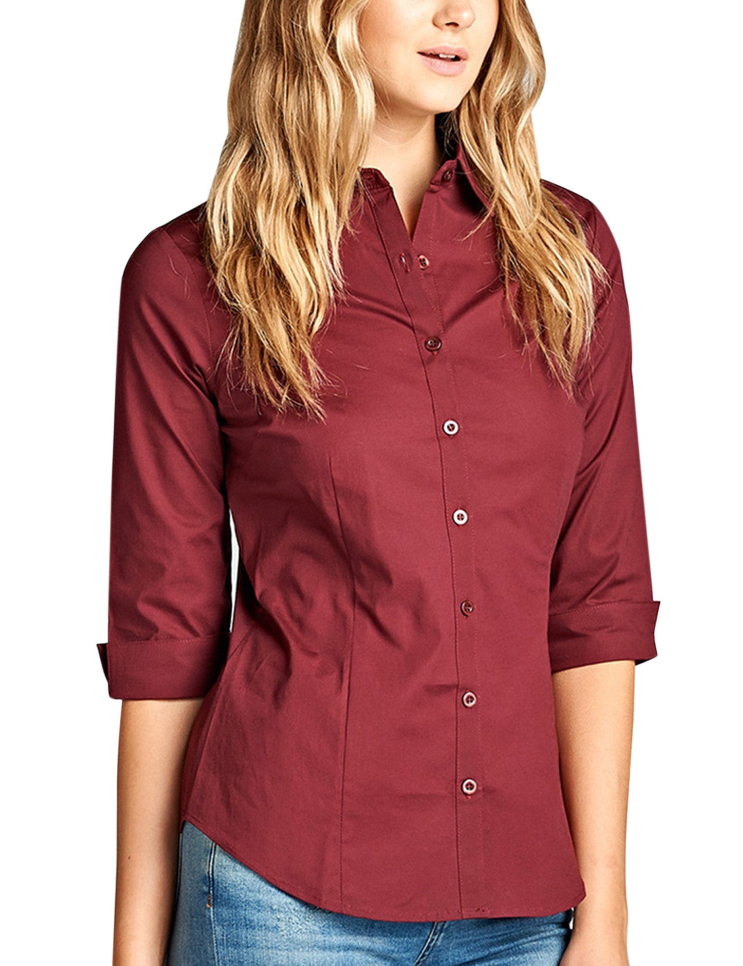 Womens Classic Solid 3/4 Sleeve Button Down Blouse Dress Shirt - KOGMO