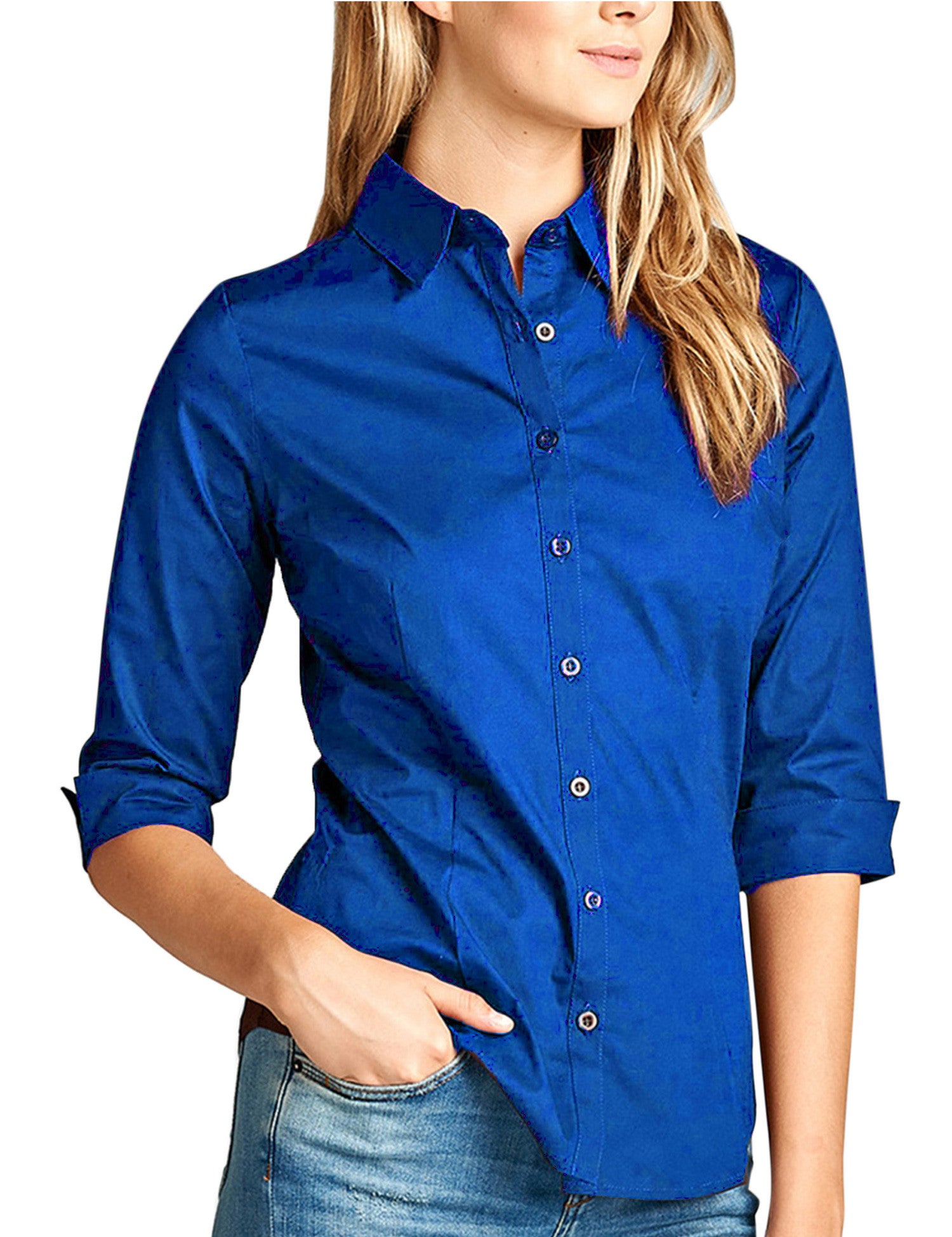 Womens Classic Solid 3/4 Sleeve Button Down Blouse Dress Shirt - KOGMO