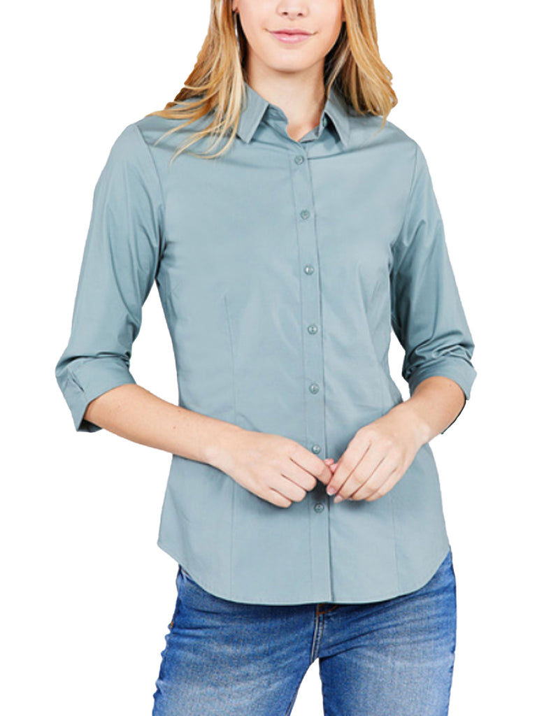 Womens Classic Solid 3/4 Sleeve Button Down Blouse Dress Shirt - KOGMO