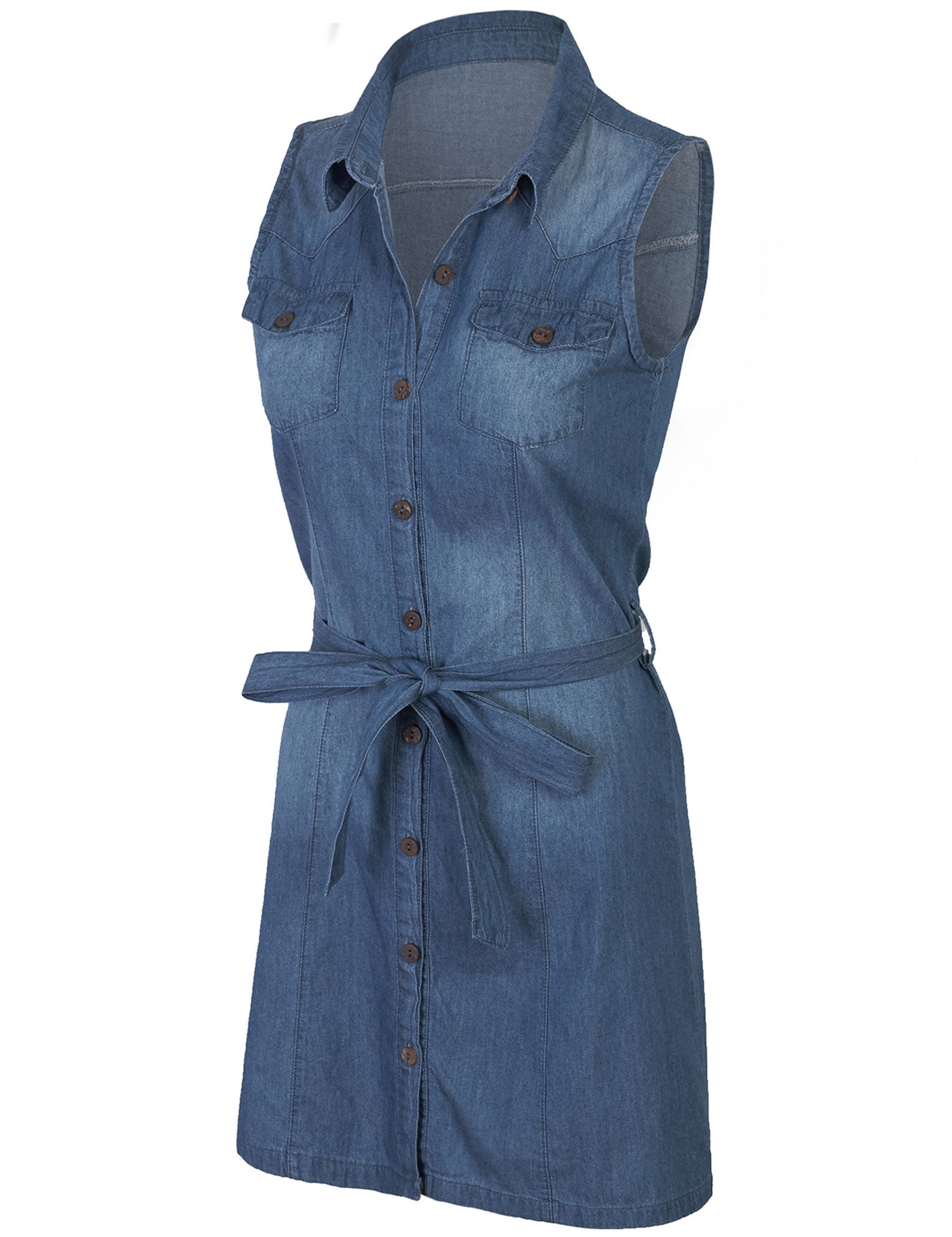 Sleeveless Button Front Belted Washed Chambray Denim Shirt Dress - KOGMO