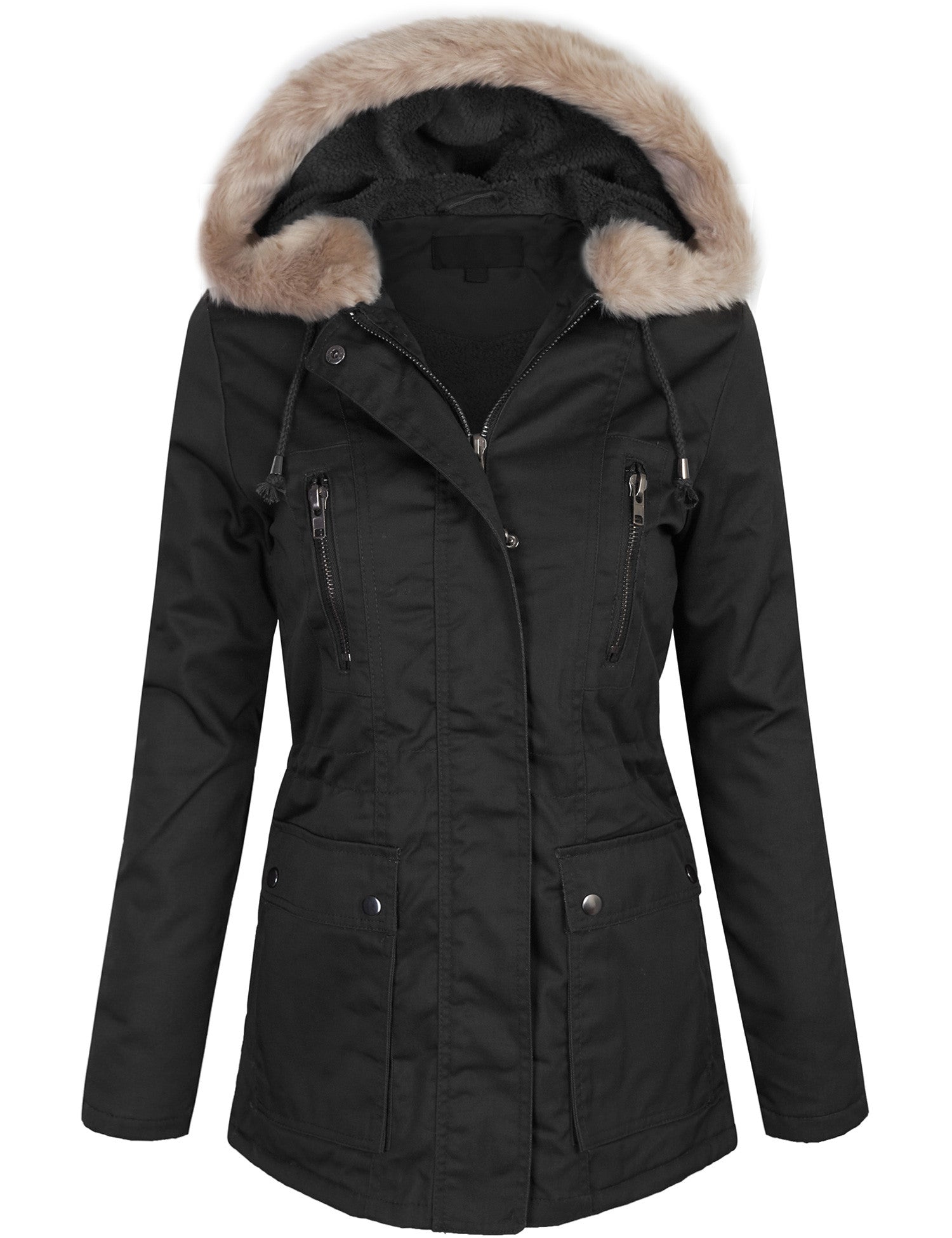Zip Up Utility Jacket Coat with Faux Fur Lining and Hoodie - KOGMO