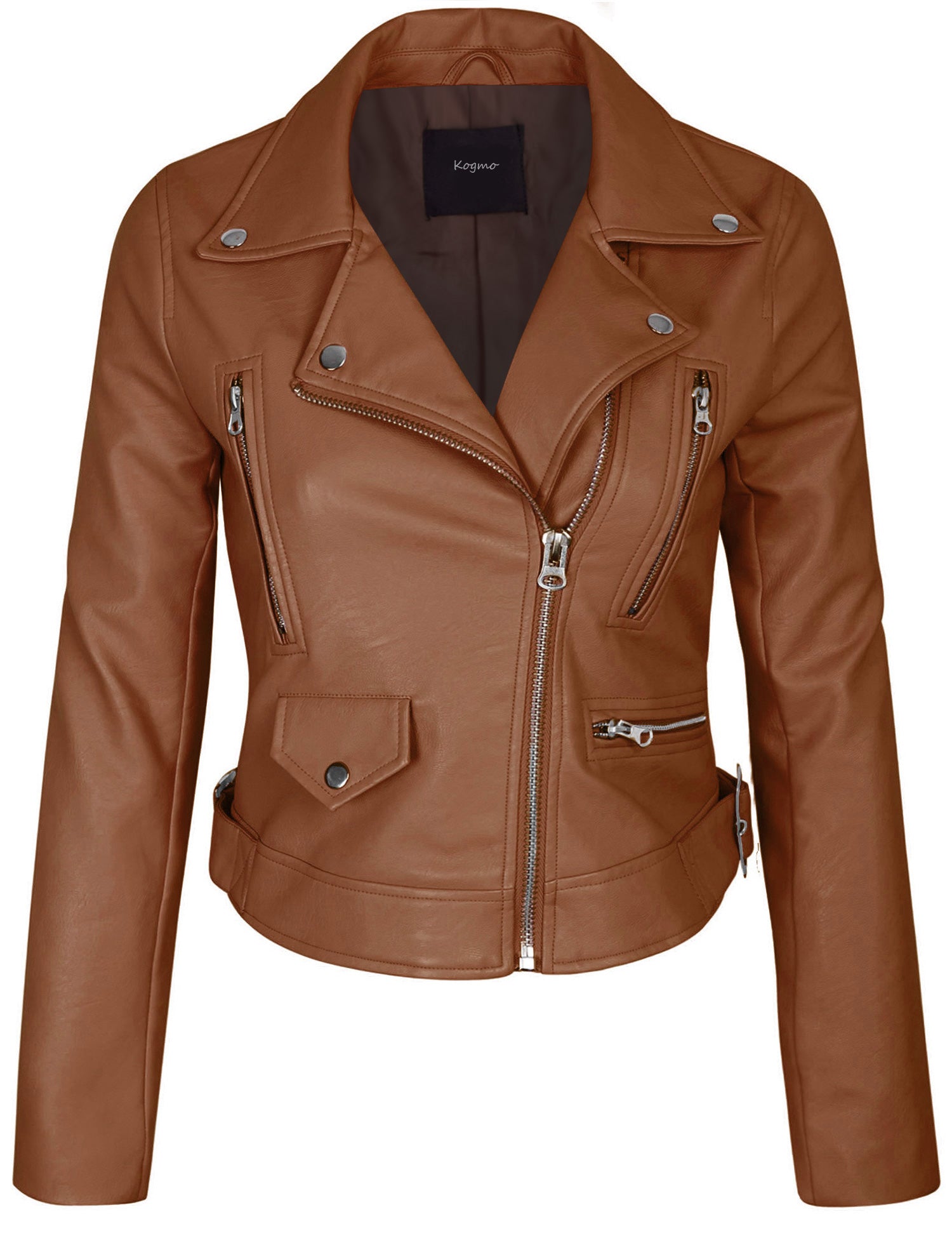 Women's Double Breasted Faux Leather Zip Up Jacket - KOGMO