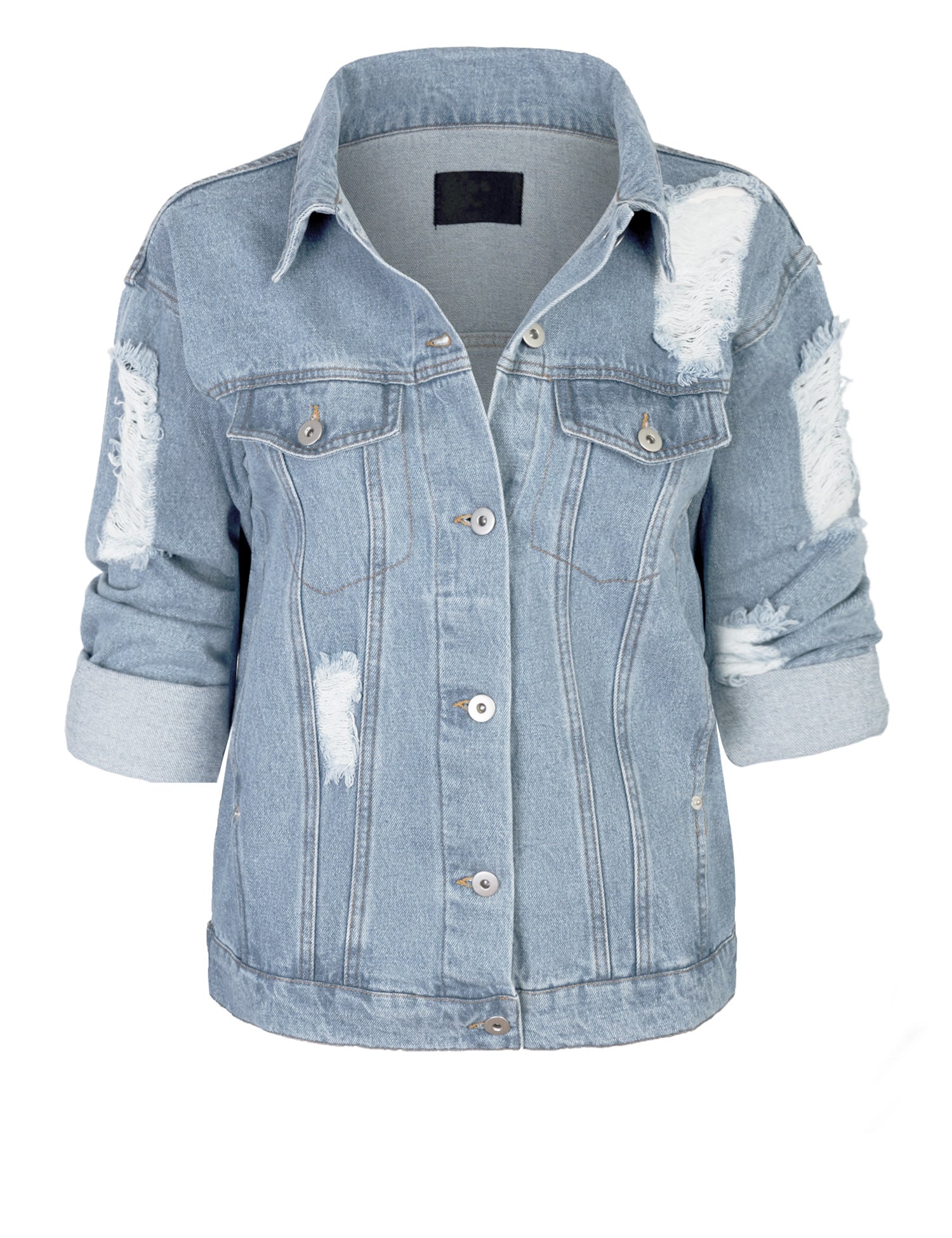 Women's Distressed Boyfreind Denim Jacket Loose Fit with Inner Pockets ...