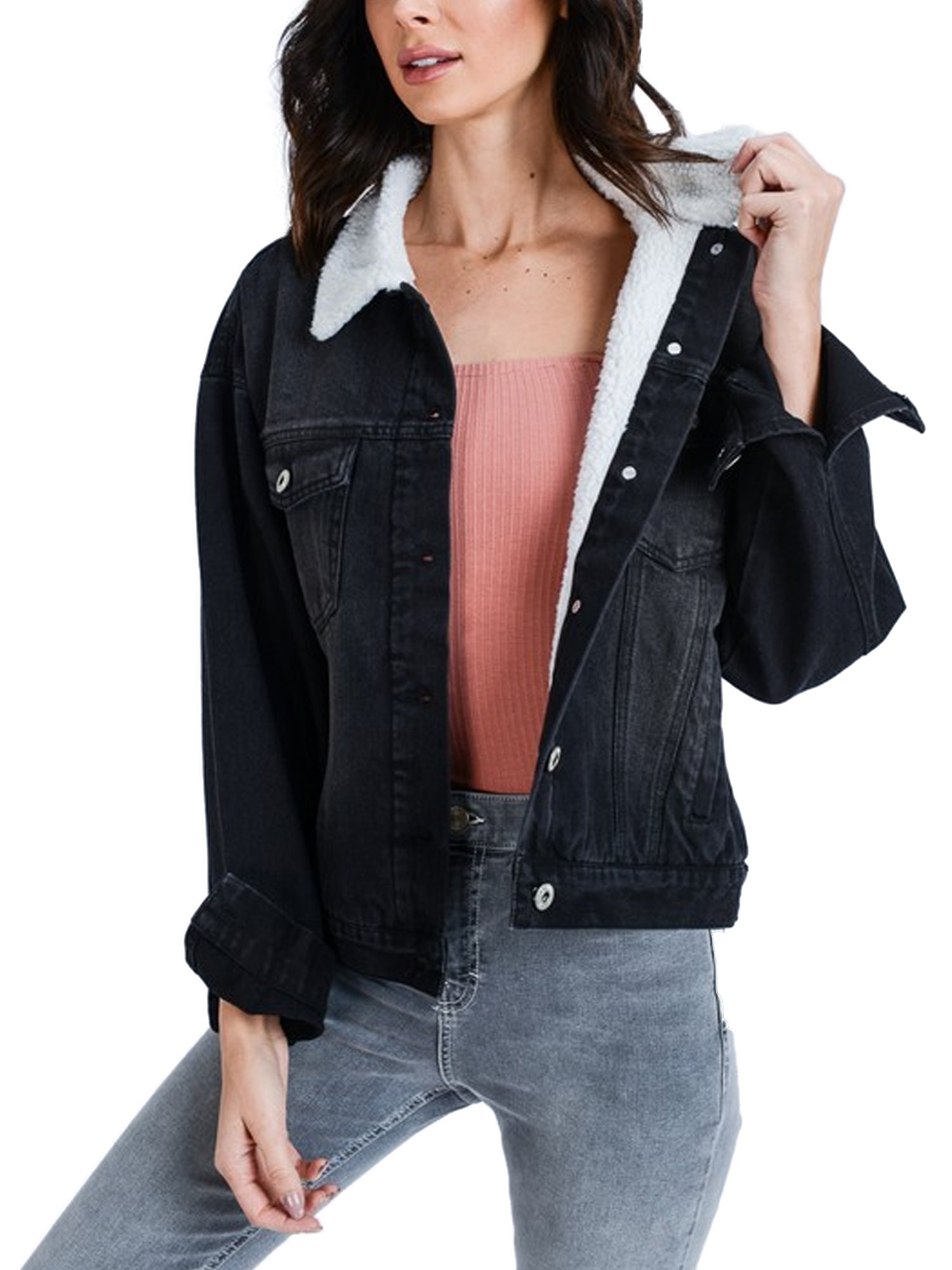 sherpa lined black denim jacket womens