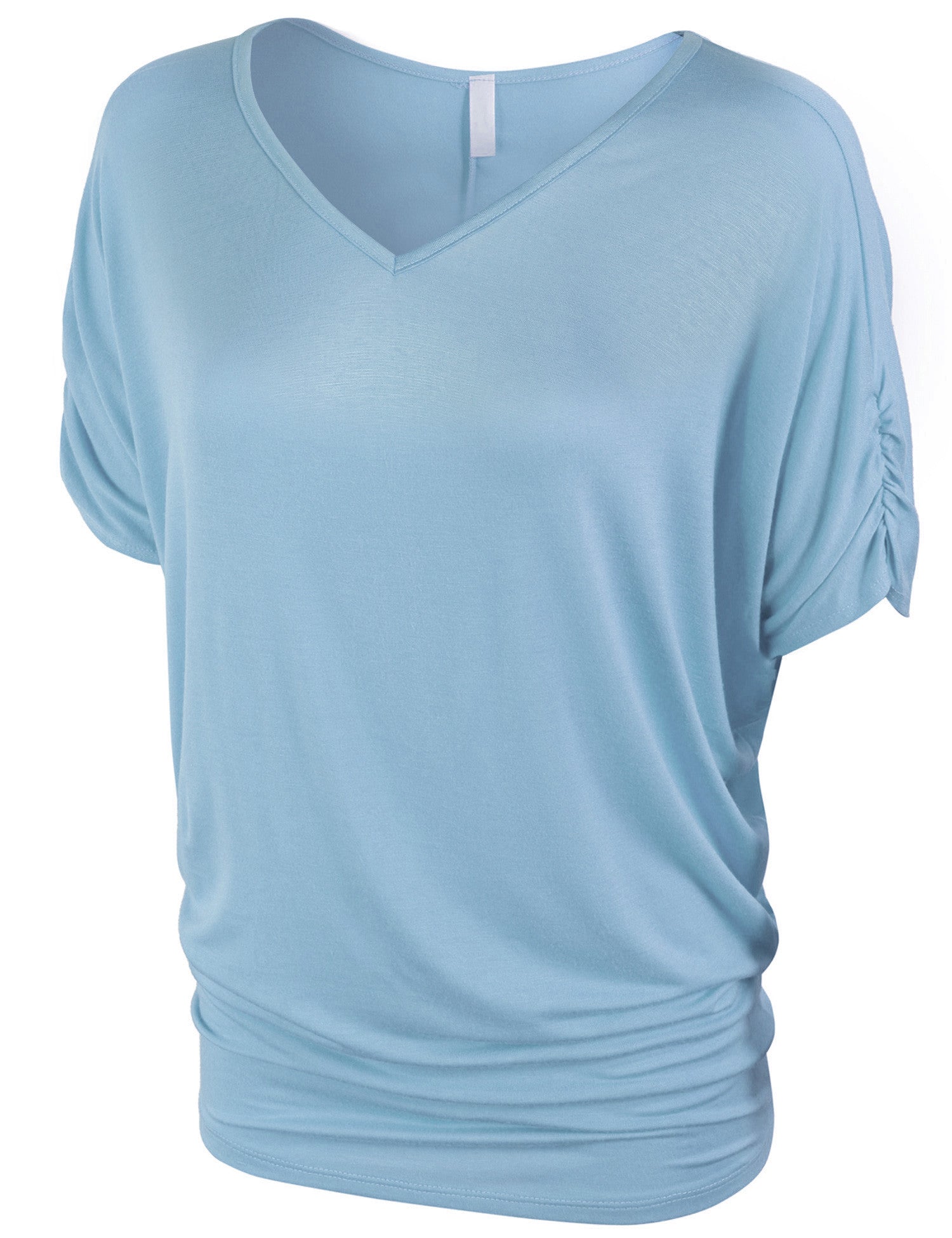 Solid Basic Boatneck Dolman Top with Sleeve Shirring V Neck - KOGMO