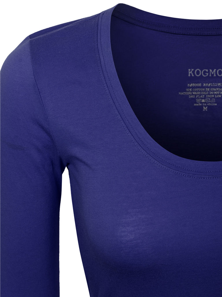 Womens Long Sleeve Basic Plain Scoop Neck T-shirt Top - KOGMO